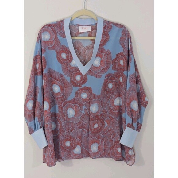 IVI Collection 100% Silk Blouse Light Blue Poppy Floral V neck Long Sleeve Sz 36 - Picture 1 of 9